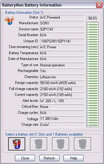 parametry baterii odczytane za pomocą programu batterymon