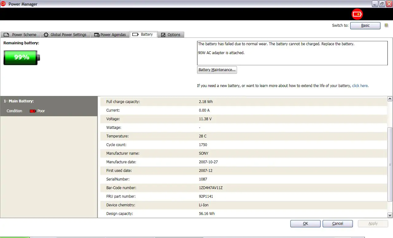 parametry baterii odczytane za pomocą programu Lenovo Energy Manager