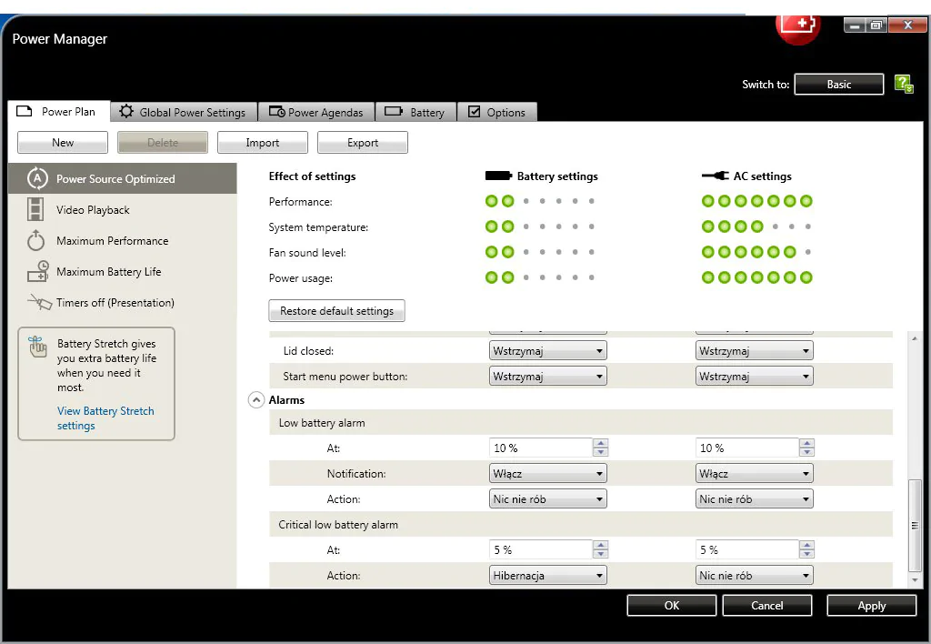 Plany zasilania w aplikacji Lenovo Power Manager